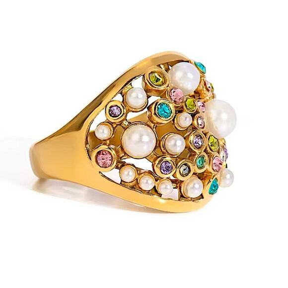 Gold Plated Multicolor Zircon, Pearl Statement Ring - Picture 5 of 7